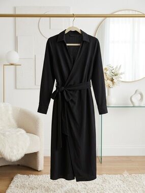 Classic Black linen wrap Dress with Tie Belt